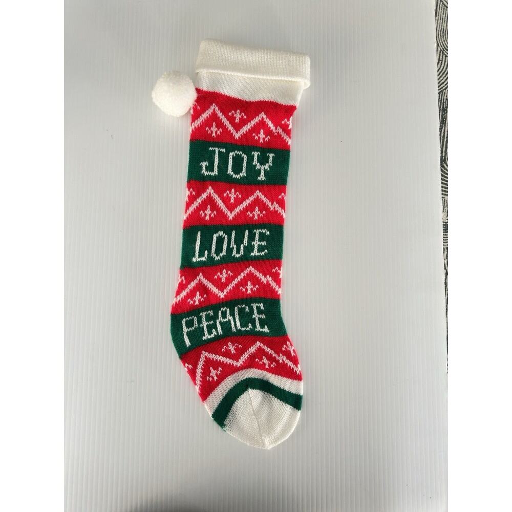 Vintage Christmas Stocking Joy Love Peace Christmas Sweater Knit Pom Poms 19"